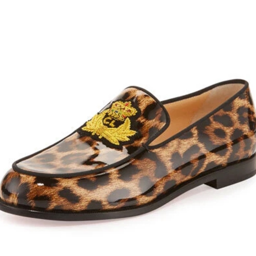 CHRISTIAN LOUBOUTIN Laperouza Brown Gold Leopard Print Patent Leather Loafer 37